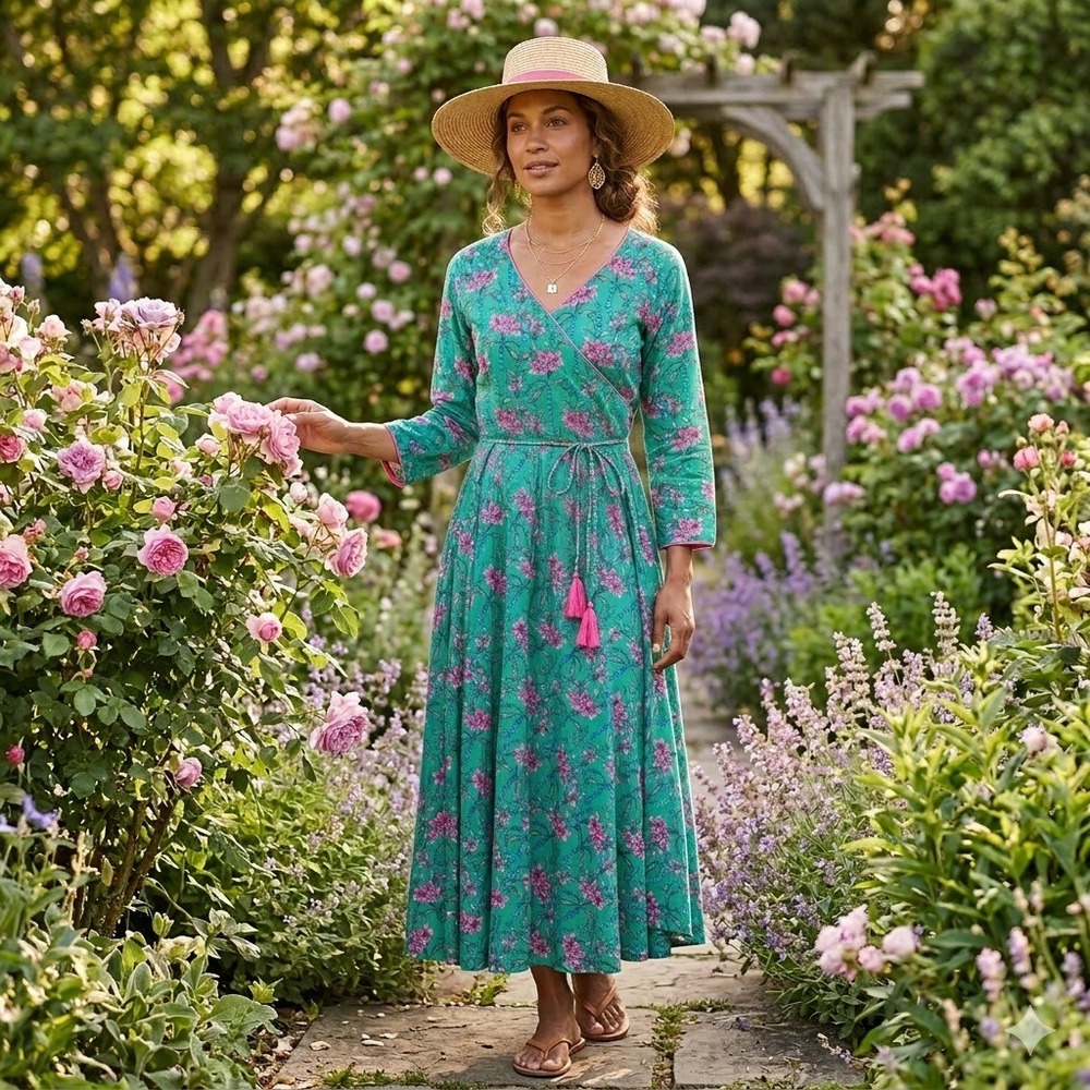 Tissu Floral Maxi Dress Womens Medium Green Pink Rayon Tassel Boho Cottagecore